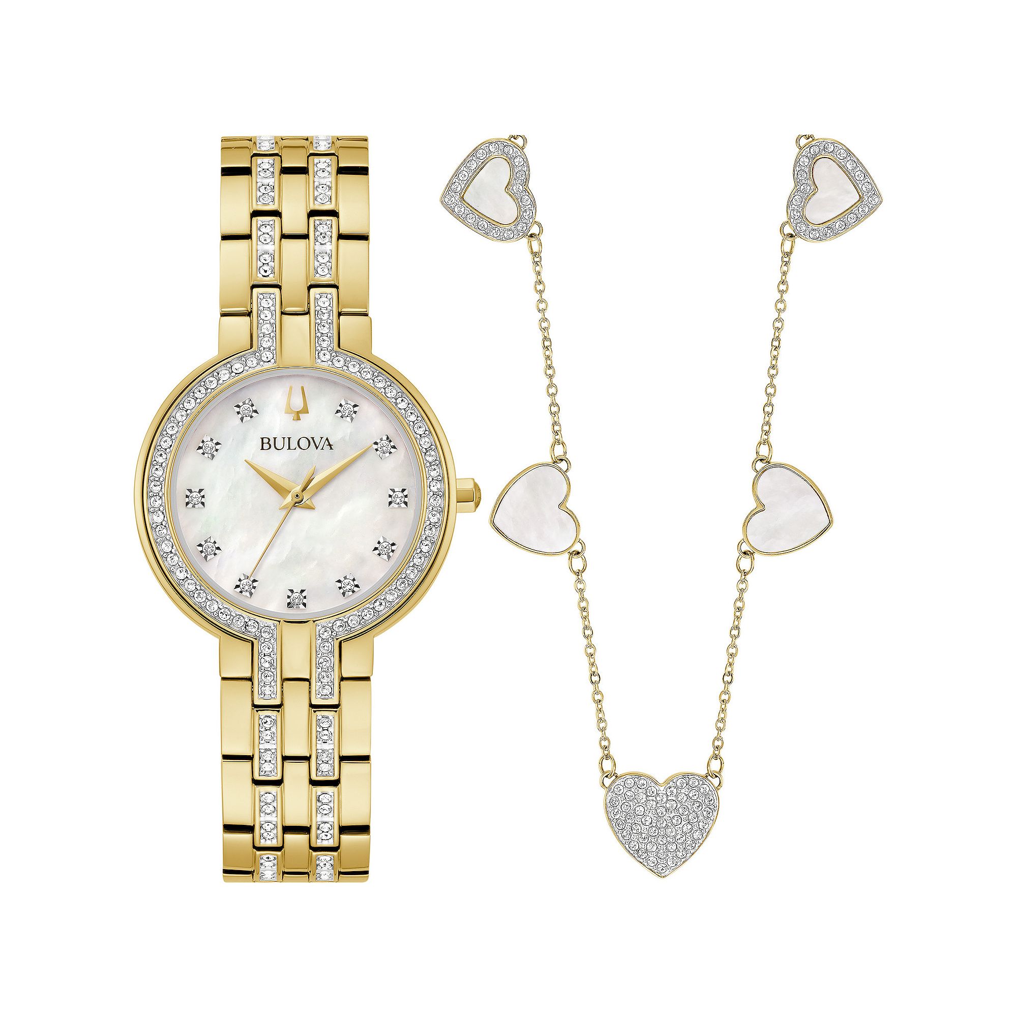 Bulova Womens Gold-Tone Crystal Accent Watch & Heart Necklace Set – 98X1