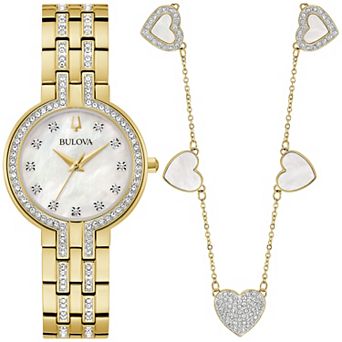 Bulova Women's Gold-Tone Crystal Accent Watch & Heart Necklace Set – 98X138