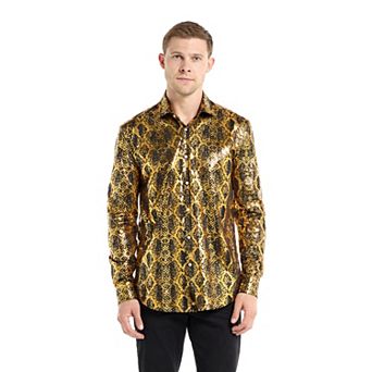 Men's OppoSuits Shiny Gold Snake Print Slim-Fit Button-Down Shirt