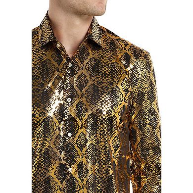 Men's OppoSuits Shiny Gold Snake Print Slim-Fit Button-Down Shirt