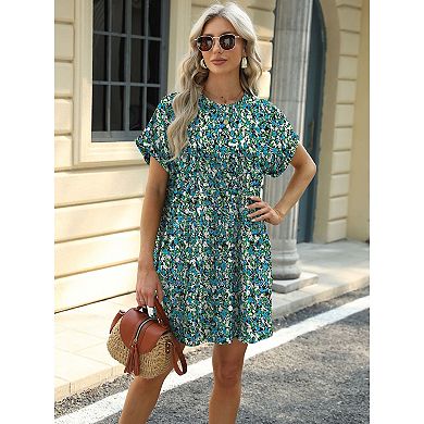 Women's Summer Casual T Shirt Dresses Short Sleeve Swing Floral Printed Dress With Pockets