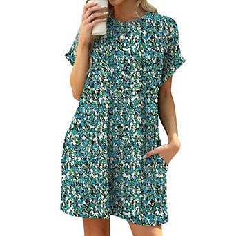 Women's Summer Casual T Shirt Dresses Short Sleeve Swing Floral Printed Dress With Pockets