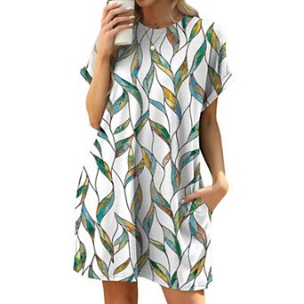 Women's Summer Casual T Shirt Dresses Short Sleeve Swing Floral Printed Dress With Pockets