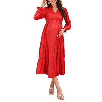 Maternity Dress Womens Fall Long Sleeve Tie Crew Neck Midi Dress Tiered Ruffle Flowy Dresses