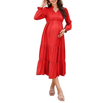 Maternity Dress Womens Fall Long Sleeve Tie Crew Neck Midi Dress Tiered Ruffle Flowy Dresses