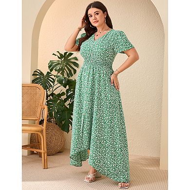 Women Plus Size Maxi Dress Short Sleeve Wrap V Neck Button Down High Low Split Ruffle Long Dress