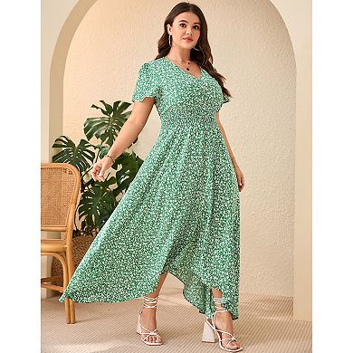 Women Plus Size Maxi Dress Short Sleeve Wrap V Neck Button Down High Low Split Ruffle Long Dress