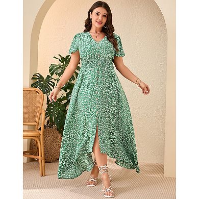 Women Plus Size Maxi Dress Short Sleeve Wrap V Neck Button Down High Low Split Ruffle Long Dress