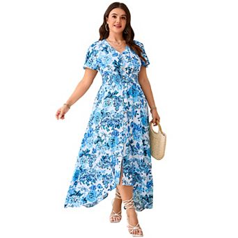 Women Plus Size Maxi Dress Short Sleeve Wrap V Neck Button Down High Low Split Ruffle Long Dress