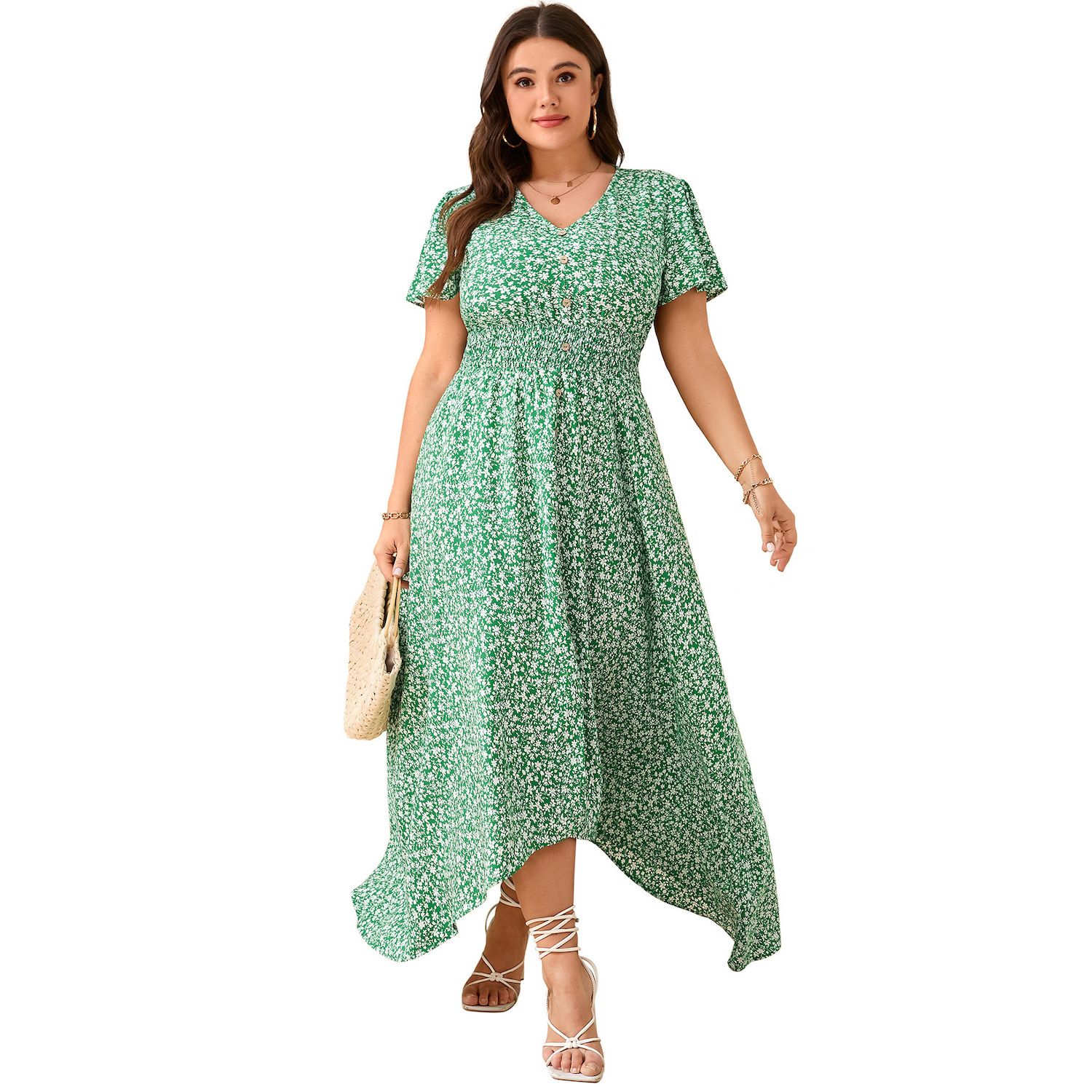 Женские платья Women Plus Size Maxi Dress Short Sleeve Wrap V Neck Button Down High Low Split Ruffle Long Dress