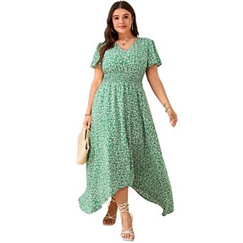 Women Plus Size Maxi Dress Short Sleeve Wrap V Neck Button Down High Low Split Ruffle Long Dress