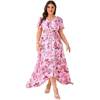 Women Plus Size Maxi Dress Short Sleeve Wrap V Neck Button Down High Low Split Ruffle Long Dress