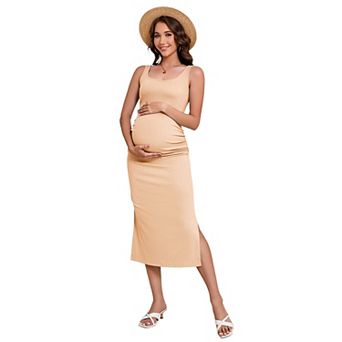 Maternity Dress Ribbed Knit Sleeveless Tank Round Neck Split Ruched Bodycon Baby Shower Dress