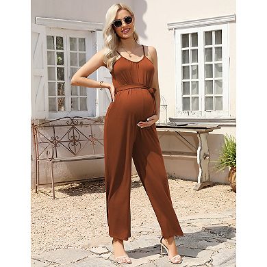 Women's Maternity Jumpsuit Wide Leg Sleeveless Adjustable Strap Pockets Casual Romper with Belt
