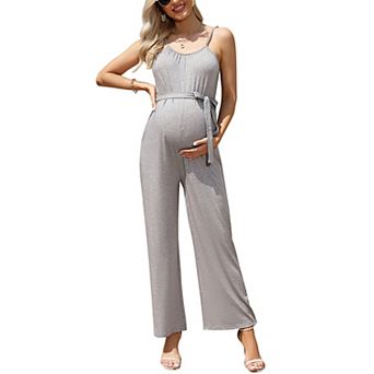 Women's Maternity Jumpsuit Wide Leg Sleeveless Adjustable Strap Pockets Casual Romper with Belt