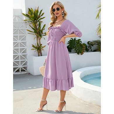Women's Sundress Half Sleeve Elastic Square Neck Smocked Ruffle Hem Midi Beach Dress