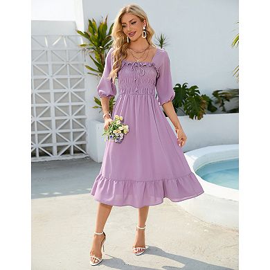 Women's Sundress Half Sleeve Elastic Square Neck Smocked Ruffle Hem Midi Beach Dress