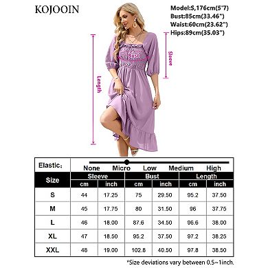 Women's Sundress Half Sleeve Elastic Square Neck Smocked Ruffle Hem Midi Beach Dress