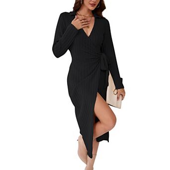 Women's V Neck Long Sleeve Knit Wrap Slit Mid Dress Tied Bodycon Dress