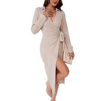 Women's V Neck Long Sleeve Knit Wrap Slit Mid Dress Tied Bodycon Dress