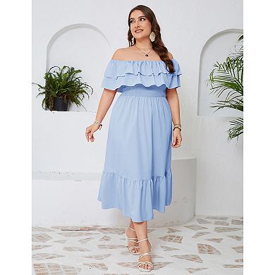 Women Plus Size Off Shoulder Maxi Dress Ruffle Flowy Casual Summer Boho Long Dresses