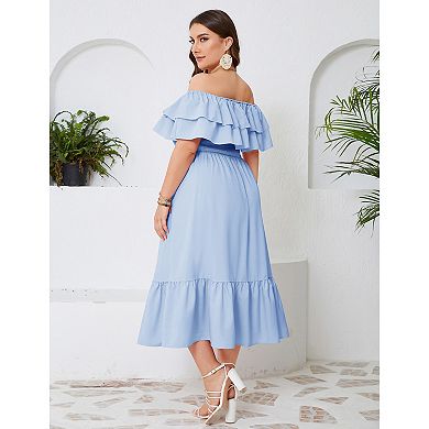 Women Plus Size Off Shoulder Maxi Dress Ruffle Flowy Casual Summer Boho Long Dresses
