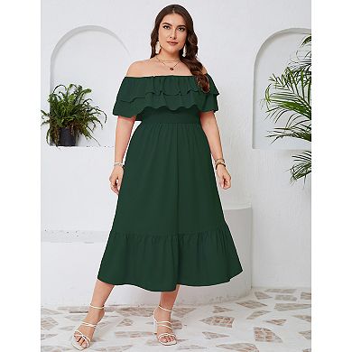 Women Plus Size Off Shoulder Maxi Dress Ruffle Flowy Casual Summer Boho Long Dresses