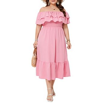 Women Plus Size Off Shoulder Maxi Dress Ruffle Flowy Casual Summer Boho Long Dresses