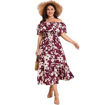 Women Plus Size Off Shoulder Maxi Dress Ruffle Flowy Casual Summer Boho Long Dresses
