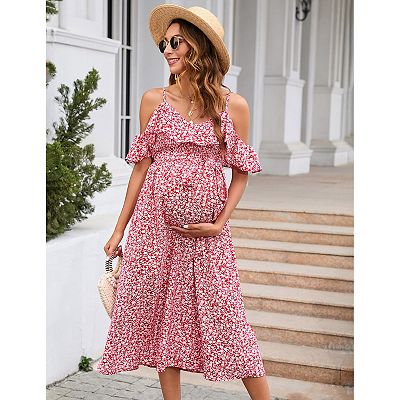 flowy floral maternity dress Women's Maternity Dress Ruffles Short Sleeve Spaghetti Strap Floral Dress  Tiered Flowy Dress