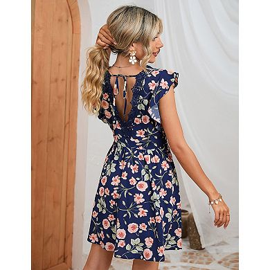 Women's Swing Mini Dress Floral V Neck Short Sleeve Lace Trim Backless A-Line Flare Short Dress