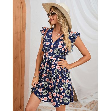 Women's Swing Mini Dress Floral V Neck Short Sleeve Lace Trim Backless A-Line Flare Short Dress