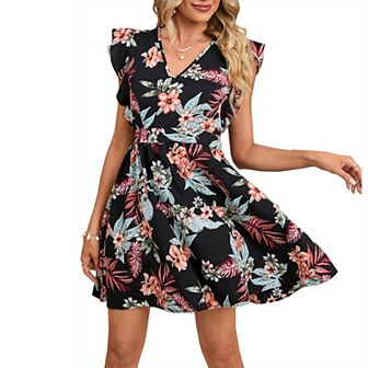 Women's Swing Mini Dress Floral V Neck Short Sleeve Lace Trim Backless A-Line Flare Short Dress