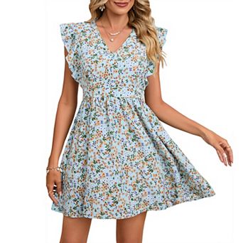 Women's Swing Mini Dress Floral V Neck Short Sleeve Lace Trim Backless A-Line Flare Short Dress