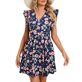 Women's Swing Mini Dress Floral V Neck Short Sleeve Lace Trim Backless A-Line Flare Short Dress