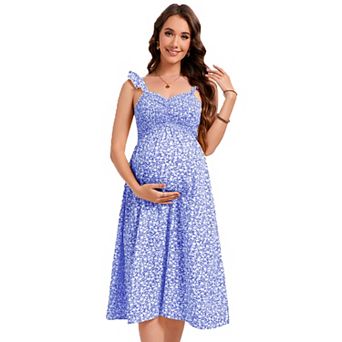 Women Maternity Smocked Boho Sundress Ruffle Square Neck Sleeveless Swing Maxi Dress Baby Shower