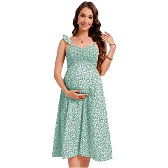 Women Maternity Smocked Boho Sundress Ruffle Square Neck Sleeveless Swing Maxi Dress Baby Shower