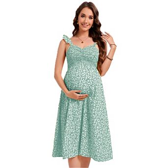 Women Maternity Smocked Boho Sundress Ruffle Square Neck Sleeveless Swing Maxi Dress Baby Shower