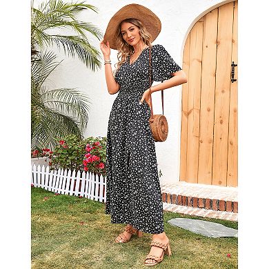 Women's Summer Casual Short Sleeve V-Neck Flower Maxi Dresses A-line Beach Dress with Slit