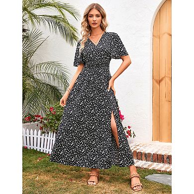Women's Summer Casual Short Sleeve V-Neck Flower Maxi Dresses A-line Beach Dress with Slit