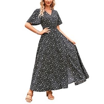Women's Summer Casual Short Sleeve V-Neck Flower Maxi Dresses A-line Beach Dress with Slit