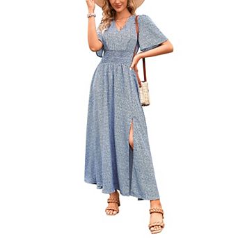 Women's Summer Casual Short Sleeve V-Neck Flower Maxi Dresses A-line Beach Dress with Slit