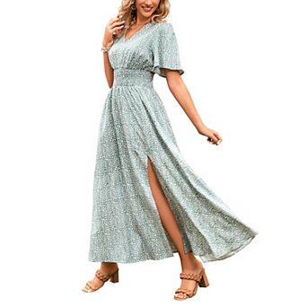 Women's Summer Casual Short Sleeve V-Neck Flower Maxi Dresses A-line Beach Dress with Slit