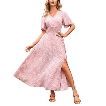 Women's Summer Casual Short Sleeve V-Neck Flower Maxi Dresses A-line Beach Dress with Slit