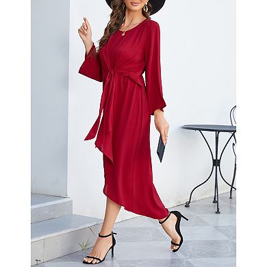Women's Silky Satin Long Sleeve Tie Front Flowy Formal Wedding Guest Cocktail Party Evening Dresses