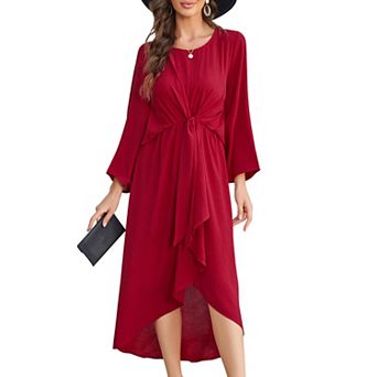 Women's Silky Satin Long Sleeve Tie Front Flowy Formal Wedding Guest Cocktail Party Evening Dresses