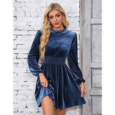 Women's Velvet Dress Elastic Waistline Fall Long Sleeve Wedding Guest Short Wrap Tunic Formal Dress