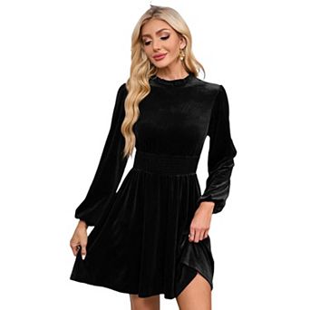 Women's Velvet Dress Elastic Waistline Fall Long Sleeve Wedding Guest Short Wrap Tunic Formal Dress