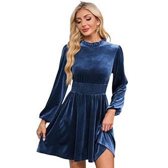 Women's Velvet Dress Elastic Waistline Fall Long Sleeve Wedding Guest Short Wrap Tunic Formal Dress