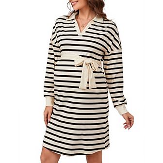 Maternity Sweater Dress Long Sleeve Collar V Neck Striped Midi Dress with Belt